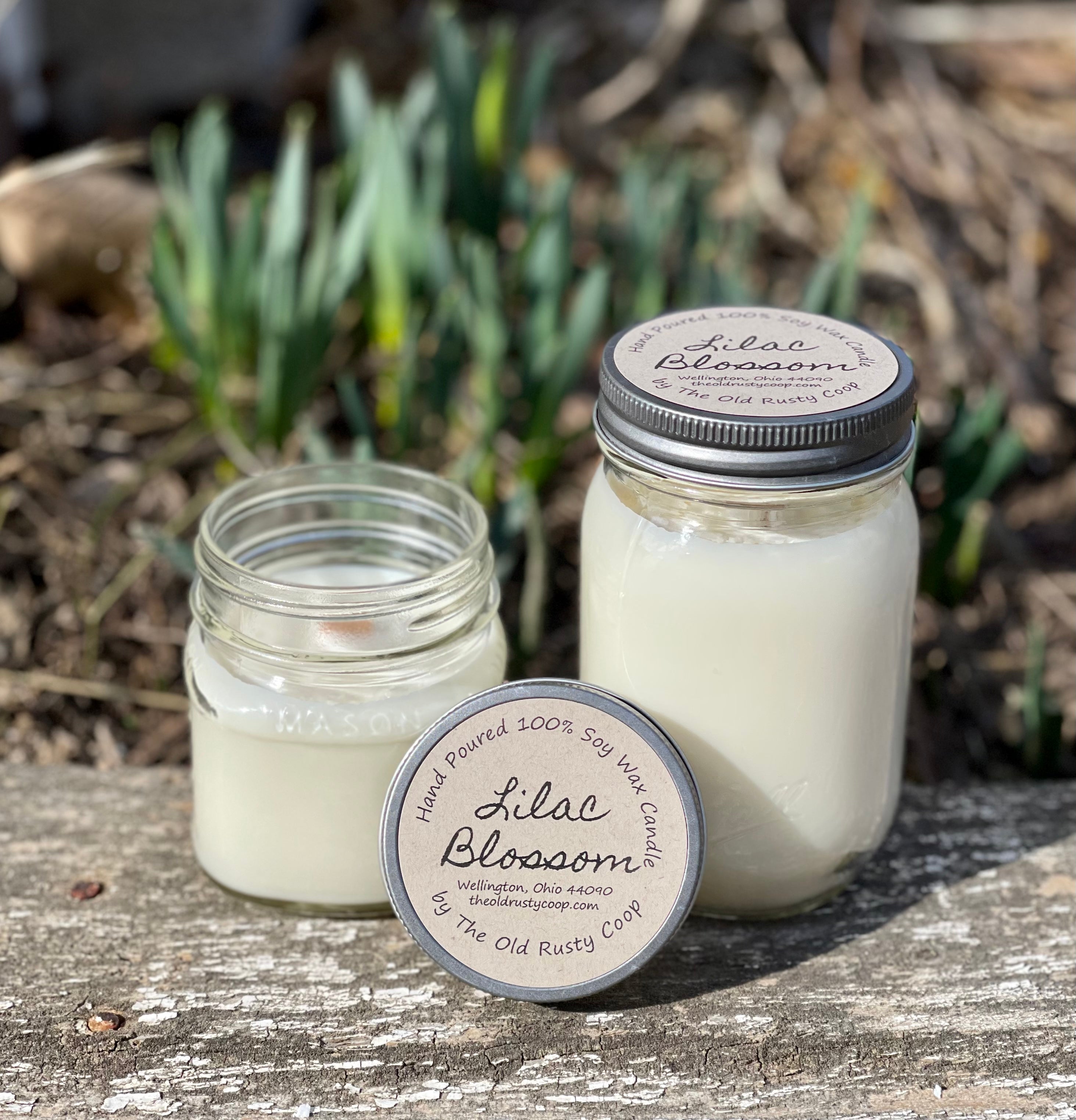 Lilac Blossoms scented 12 oz. soy candle in upcycled wine bottle